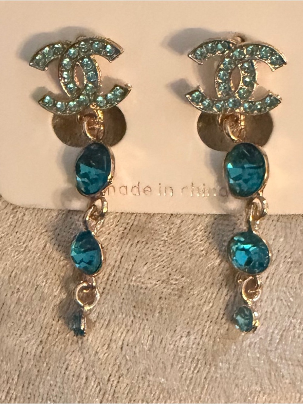 Fashion Jewelry Gold-Tone Drop Earrings with Blue Crystals